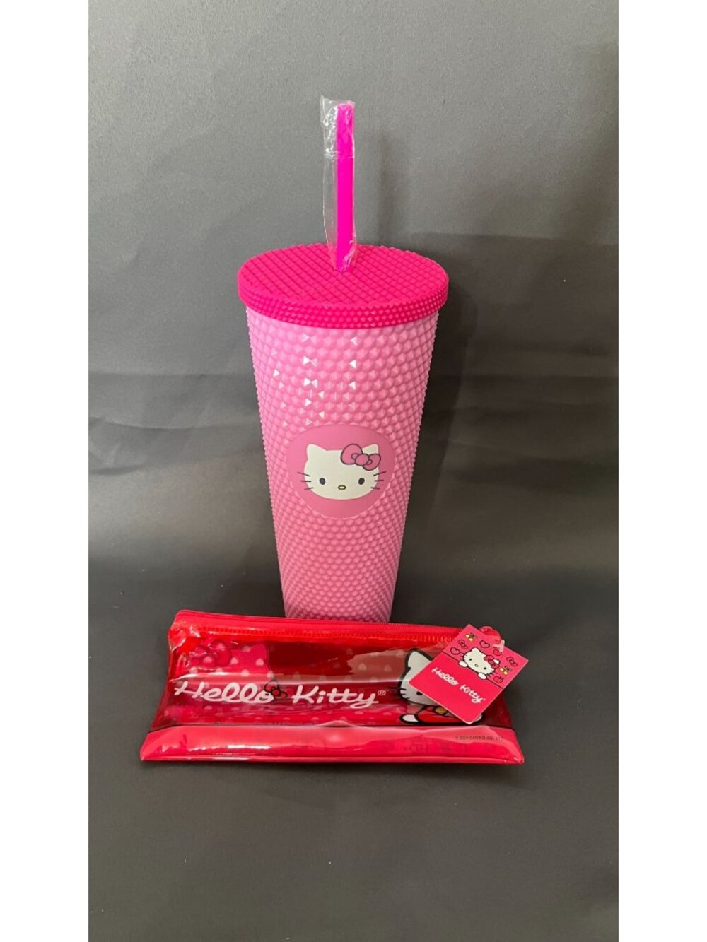 Hello Kitty Pink Studded Tumbler With Straw & Red Zippered Pencil Case Set - Picture 1 of 10